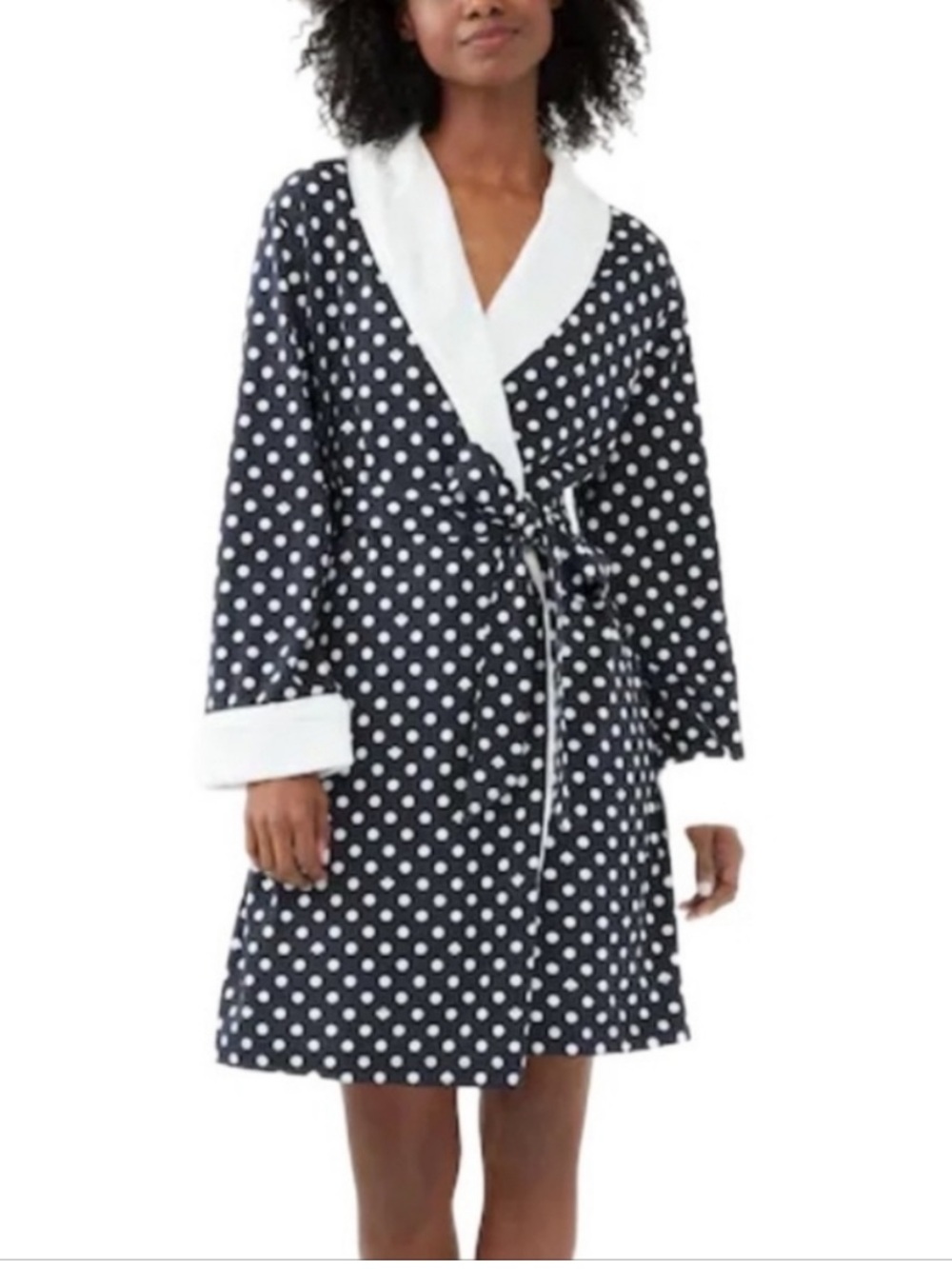 Kate Spade Polka Dot Shawl Collar Robe with Contrast Trim Black/White Size XS/S